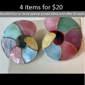 Vintage Silver Edged Pastel Colored Shell Shape (Nautilis) Pierced Earrings